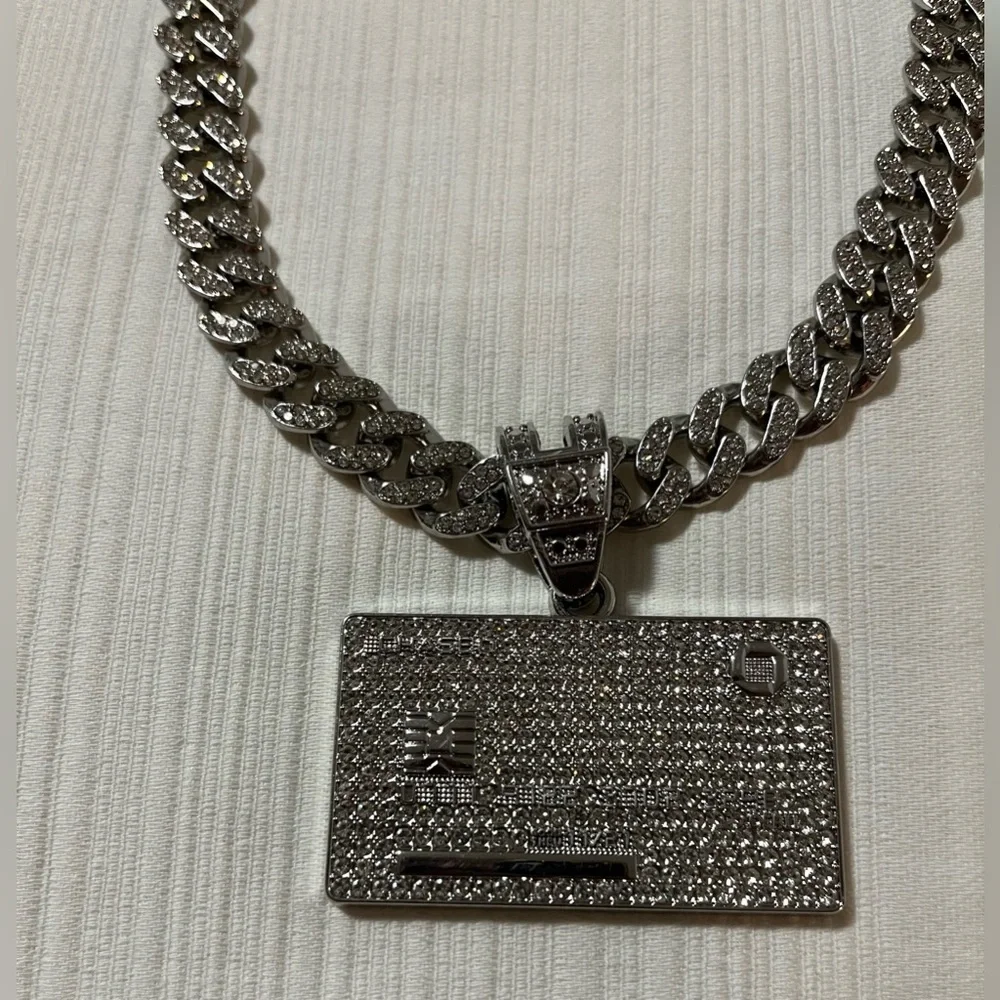Iced Out Credit Card Pendant & Heavy Cuban Link Chain Necklace - Silver Tone